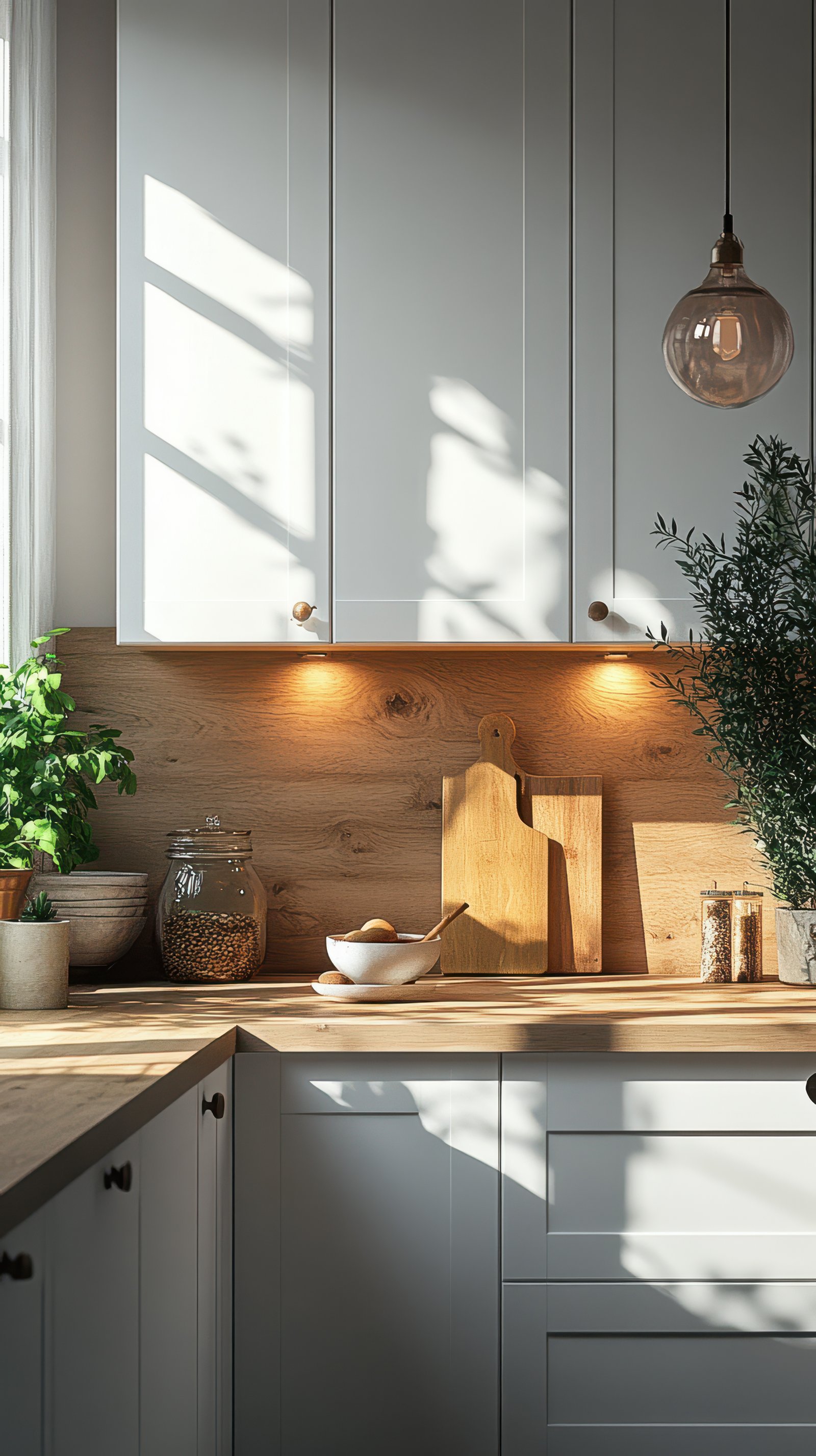 Bright and airy kitchen with natural light showcasing wooden accents and green plants during the day